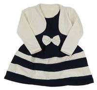 Bílo-tmavomodré pruhované šaty s mašlí a našitým bolerkem 