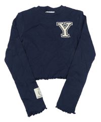 Tmavomodré rebrované crop tričko s písmenem H&M