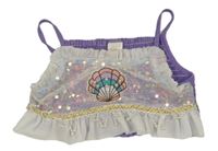 Lila-biely trblietavý crop top s flitrami a mušlí