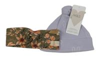 Nové - 2set - Lila čapica s králíčky + khaki kvetovaná čelenka
