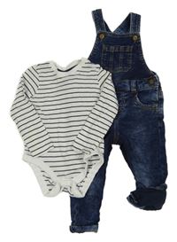 2set - Černo-bílé pruhované body + Tmavomodré teplákové laclové podšité rifle F&F