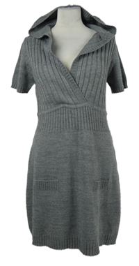 Dámské šedé žebrované svetrové šaty s kapucí NKD 