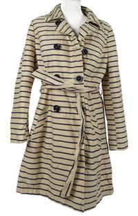 Dámský béžovo-tmavomodrý pruhovaný jarní kabát s páskem Debenhams 