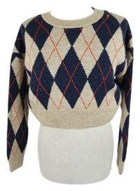 Dámský béžovo-tmavomodrý károvaný crop svetr Primark 