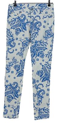 Dámske bielo-modré vzorované skinny plátenné nohavice