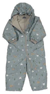 Modrošedá šusťáková zimní kombinéza s obrázky a kapucí Lupilu