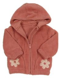 Růžová huňatá propínací mikina s kytičkami a kapucí Nutmeg