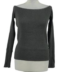 Nové - Dámsky sivý rebrovaný sveter s lodičkovým výstřihem a korálkami zn.