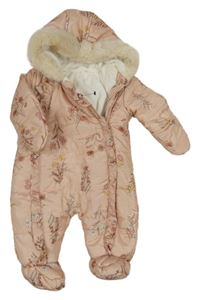 Světlerůžová šusťáková prošívaná zimní kombinéza s kytičkami a kapucí George