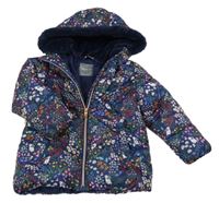 Tmavomodrá šusťáková zimní bunda s kytičkami a králíčky a kapucí s kožešinou Next