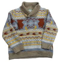 Béžovo-modro-hrdzavý sveter so vzorom a Gruffalem Tu
