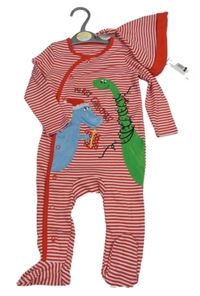 2set - Červený pruhovaný vánoční overal s dinosaury + čepice Dunnes 