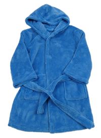 Modrý chlpatý župan s kapucňou a opaskom