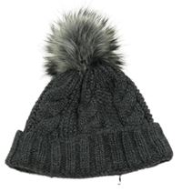 Tmavošedá pletená čepice s bambulí 