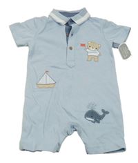 Nové - Světlemodrý kraťasový overal se zvířátky Nutmeg