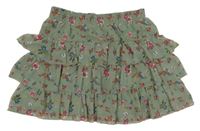 Khaki šifónová vrstvená sukňa s kvietkami