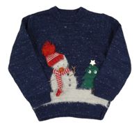 Tmavomodro-bílý melírovaný vánoční svetr se sněhuláčkem a stromečkem Matalan