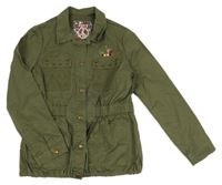 Nové - Khaki plátěná parka s květy a srdíčky a madeirou a cvočky IKKS