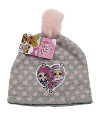 Nové - šedo-růžová puntíkatá melírovaná čepice s L.O.L. SURPRISE! a bambulí
