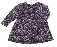 Tmavomodré teplákové šaty s kytičkami a muchomůrkami a volánkem Topomini