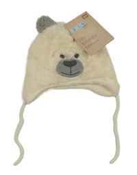 Nové - smetanovo-šedá chlupatá zavazovací čepice - medvídek lupilu