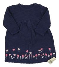 Nové - tmavomodré pletené šaty s kytičkami a motýlky a mašli George