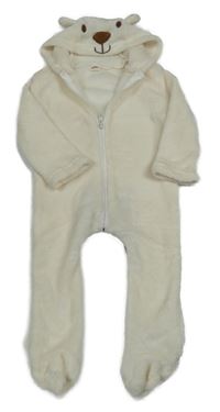Smotanová plyšová kombinéza s kapucí - medvedík