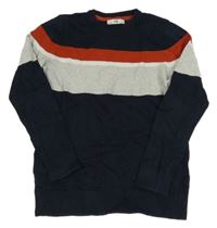 Tmavomodro-svetlošedá -bielo-karmínový sveter C&A