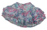 Bielo-modro-ružová kvetovaná žoržetová sukňa s papoušky a kanýrky joules