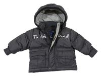 Tmavošedá prošívaná šusťáková zimní bunda s logem a odepínací kapucí Timberland