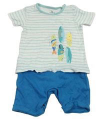 Bielo-tyrkysovo-modrý bavlnený kraťasový overal so sufrmi a pruhmi Mothercare