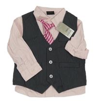 Nové - 3set - Růžová košile + pruhovaná kravata + antracitová pruhovaná slavnostní vesta Next