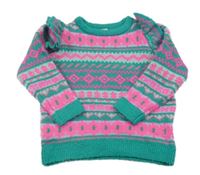 Zeleno-neonově růžovo-lila vzorovaný svetr s volánky Tu