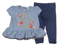 2set - Modré melírované tričko s motýly a nápisem + tmavomodré melírované legíny F&F