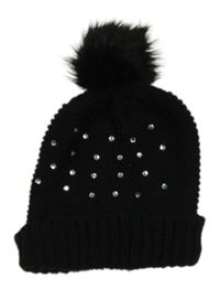 Černá pletená čepice s kamínky a bambulí