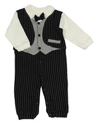 Čierno-bielo-sivý overal s vestou a motýlkom