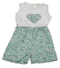 Bílo-zelený kraťasový overal se srdcem a květy Shein