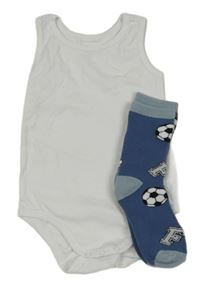 2set - Biele body + modrošedé ponožky s futbalovým motívom