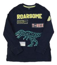 Tmavomodré triko s dinosaurem a nápisem M&S