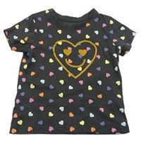 Tmavosivé vzorované tričko s farebnými srdiečkami Primark