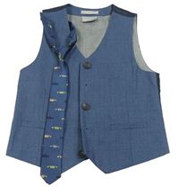 2 set - Modro-šedá společenská vesta + kravata s autami Next