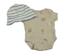 2 set - béžové body s ovcemi + smetanovo-modrá pruhovaná čapica