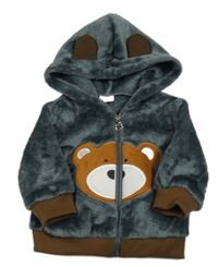 Tmavosivá plyšová prepínaci mikina s medvěďom a kapucňou