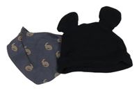 2 set - černý čepice - Mickey + tmavošedý slinták s dinosaury 