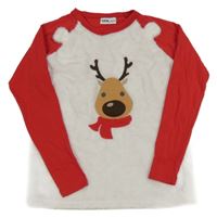 Bielo-červené chlpaté pyžamové tričko so sobom Y.F.K.