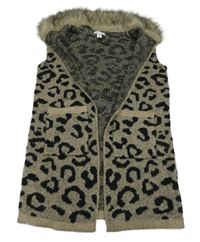 Béžovo-čierna úpletová vesta s leopardím vzorom a kožušinovým golierom Primark