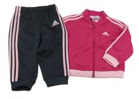 2set - Fuchsiová sportovní propínací mikina s pruhy a logem + Antracitovo-růžové sportovní tepláky Adidas