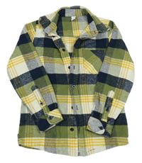 Kaki-bielo-žlto-tmavomodrá kockovaná košeľová bunda Yigga