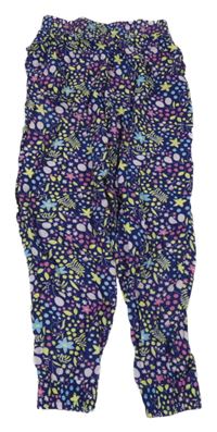 Tmavomodro-zeleno-ružové kvetované ľahké culottes nohavice Kids