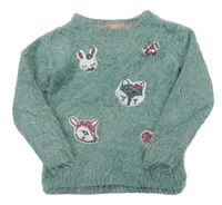 Khaki chlpatý sveter s obrázky z flitrů Kiki&Koko